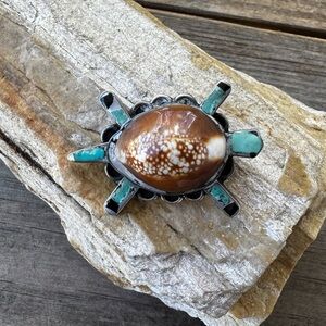 VIntage Native American Sterling Silver Turtle PIn with Shell and Turquoise